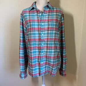 Old Navy Teal and Pink Plaid Flannel Shirt Medium